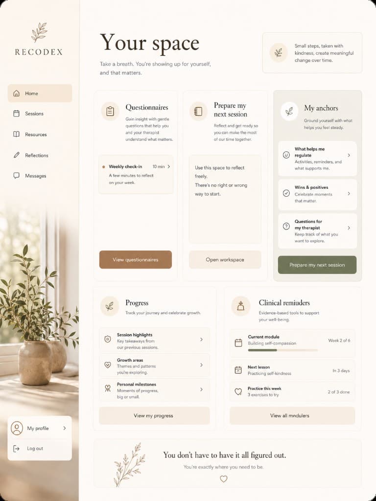 Aperçu calme du dashboard client RECODEX avec questionnaires, préparation de séance, repères, progression et rappels cliniques.