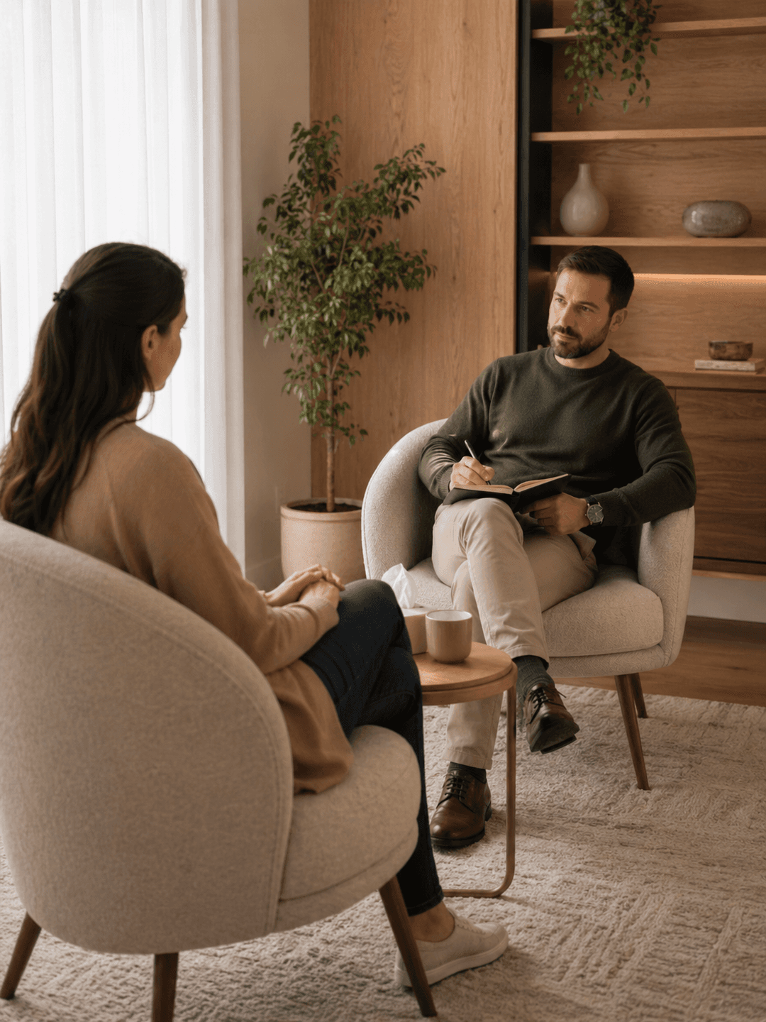 Psychologue et cliente en séance dans un bureau thérapeutique calme.