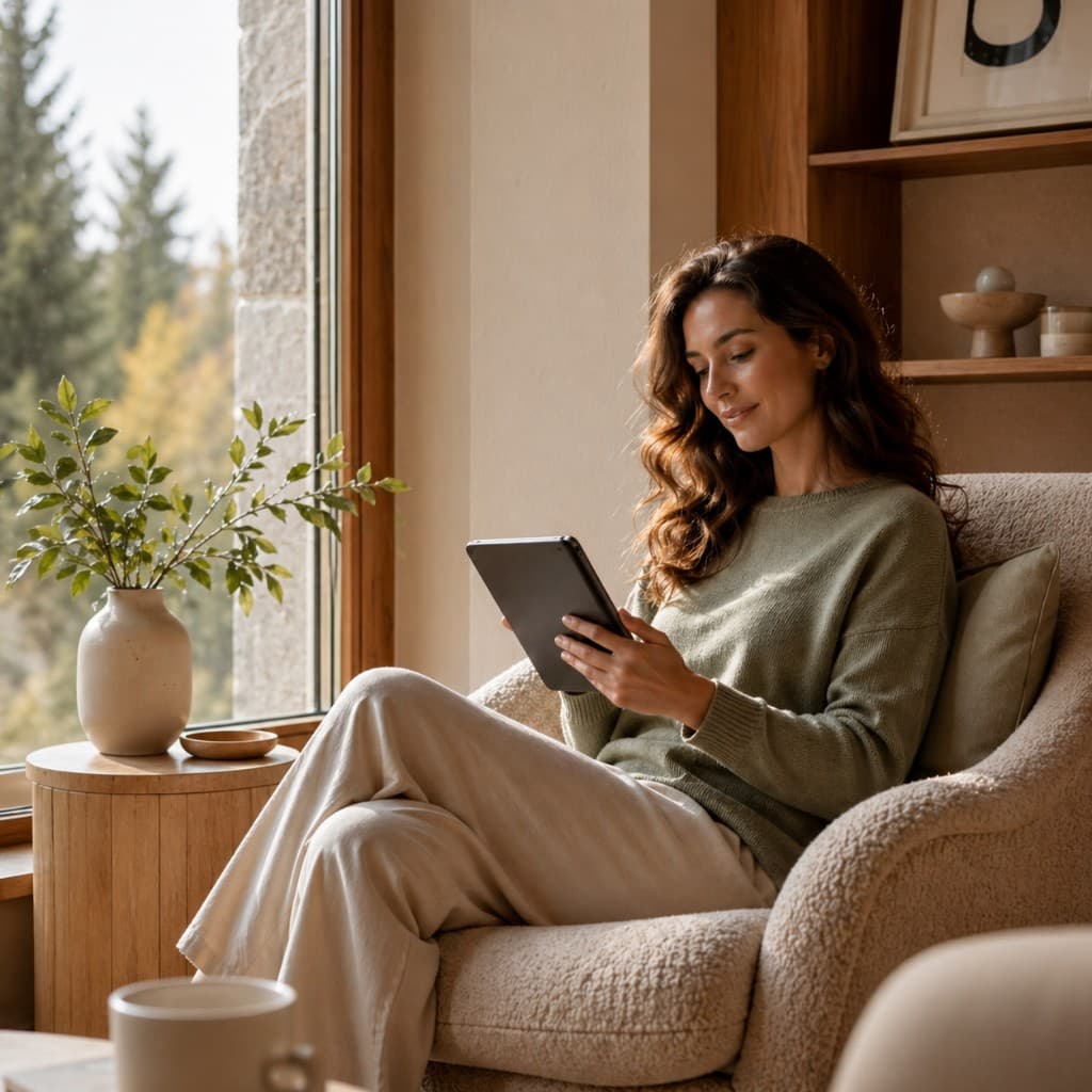 Personne assise près d’une fenêtre, consultant une tablette dans un espace calme.